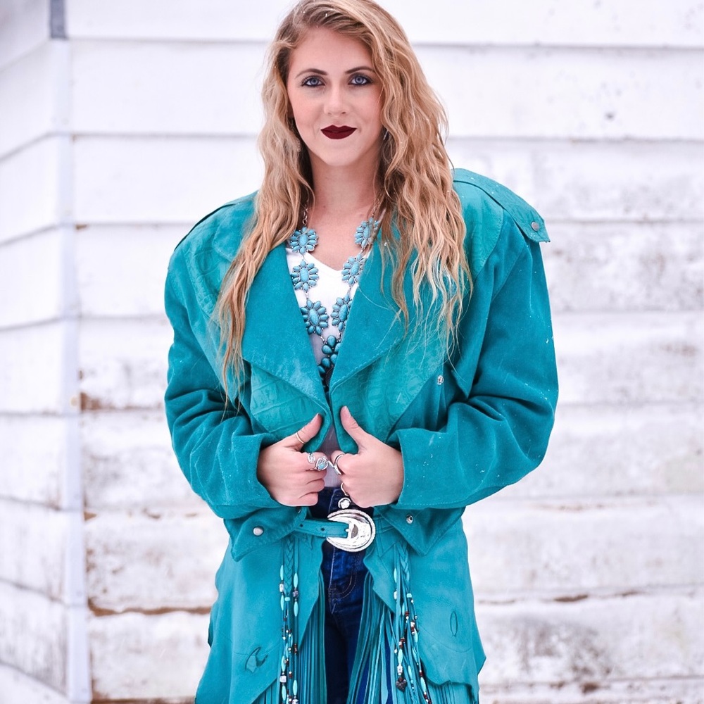 Rare 80s Vintage Outerwear by PHOENIX Teal leather/ Suede Jacket.
